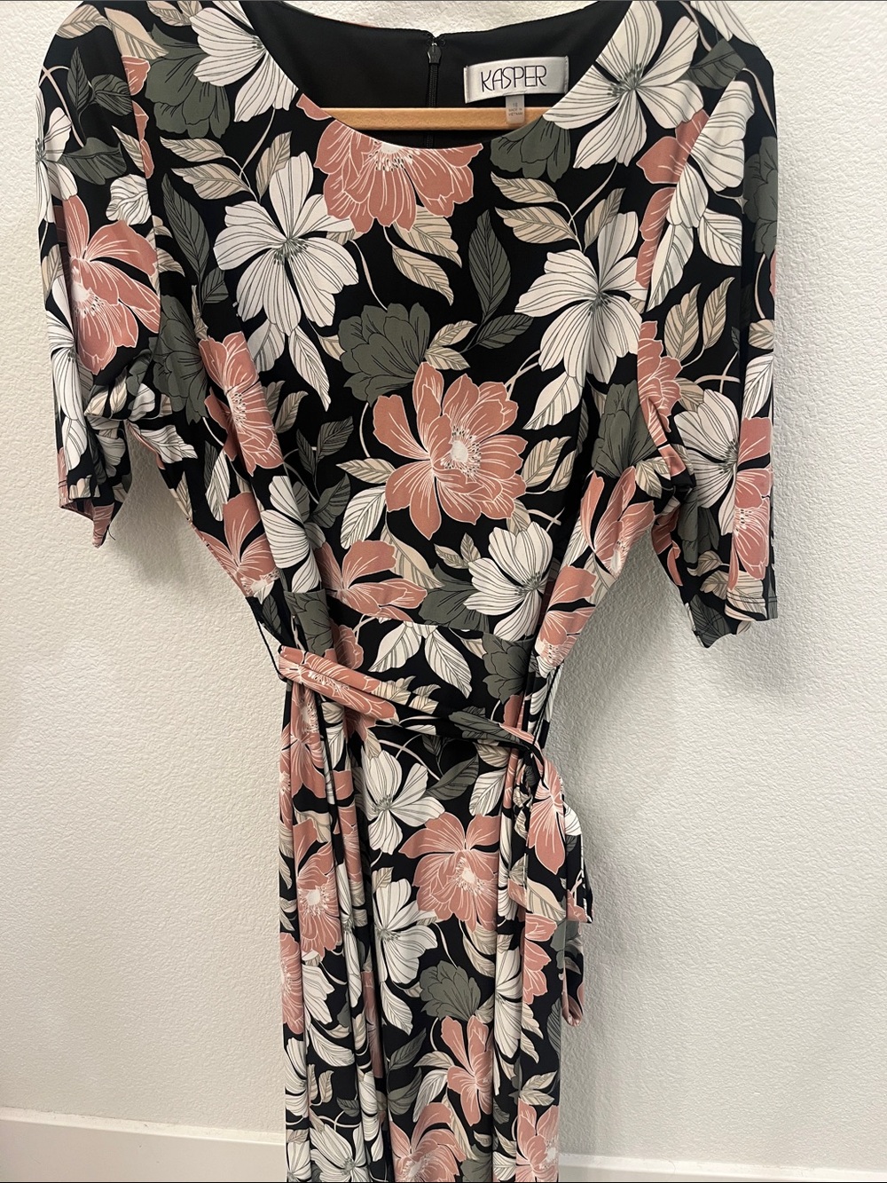 Kasper Black Floral Wrap Dress with Blush Pink & Cream Blooms sz 16